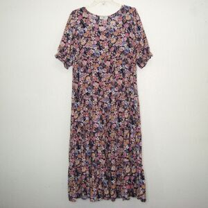 Natural Life Collette Tiered Maxi Dress L Navy Floral Boho Cottagecore Prairie
